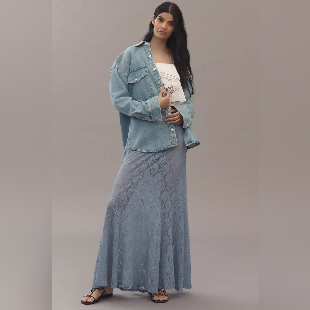 By Anthropologie Sheer Tiered Lace Maxi Skirt XS